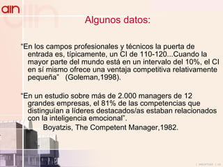 Algunos datos: “ En los campos profesionales y técnicos la puerta de entrada es, típicamente, un CI de 110-120...Cuando la mayor parte del mundo está en un intervalo del 10%, el CI en sí mismo ofrece una ventaja competitiva relativamente pequeña”  (Goleman,1998). “ En un estudio sobre más de 2.000 managers de 12 grandes empresas, el 81% de las competencias que distinguían a líderes destacados/as estaban relacionados con la inteligencia emocional”.   Boyatzis, The Competent Manager,1982. 