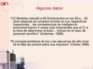 Algunos datos: “ UC Berkeley estudió a 80 Doctorandos en los 50,s... 40 años después se comparó el éxito en sus respectivas trayectorias... las competencias de inteligencia emocional fueron 4 veces más importantes que el CI a la hora de determinar el éxito... incluso en el caso de personal científico” (Goleman, 1998). “ El principal problema de los y las ejecutivas de alto nivel es la falta de control sobre sus impulsos” (Clarke,1998). 