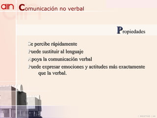C omunicación no verbal S e   percibe   rápidamente P uede sustituir al lenguaje A poya la comunicación verbal P uede expresar emociones y actitudes más exactamente que la verbal. P ropiedades 