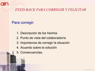 FEED-BACK PARA CORREGIR Y FELICITAR  Para corregir: Descripción de los hechos Punto de vista del colaborador/a Importancia de corregir la situación  Acuerdo sobre la solución Consecuencias. 