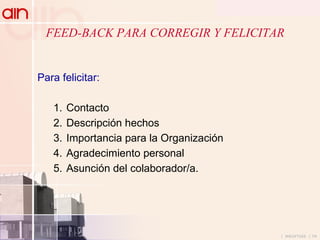 FEED-BACK PARA CORREGIR Y FELICITAR  Para felicitar: Contacto Descripción hechos Importancia para la Organización Agradecimiento personal  Asunción del colaborador/a. 