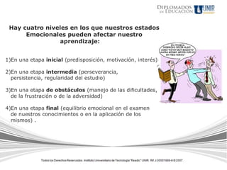 Hay cuatro niveles en los que nuestros estados
      Emocionales pueden afectar nuestro
                aprendizaje:


1)En una etapa inicial (predisposición, motivación, interés)

2)En una etapa intermedia (perseverancia,
  persistencia, regularidad del estudio)

3)En una etapa de obstáculos (manejo de las dificultades,
  de la frustración o de la adversidad)

4)En una etapa final (equilibrio emocional en el examen
  de nuestros conocimientos o en la aplicación de los
  mismos) .
 