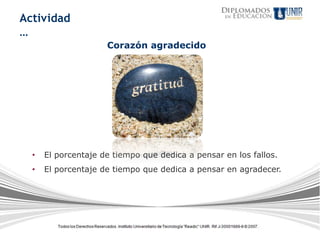 Actividad
…
                     Corazón agradecido




  •   El porcentaje de tiempo que dedica a pensar en los fallos.
  •   El porcentaje de tiempo que dedica a pensar en agradecer.
 