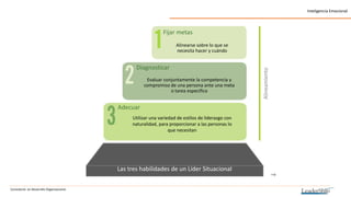Consultoría en Desarrollo Organizacional
Inteligencia Emocional
Las tres habilidades de un Líder Situacional
Alineamiento
Alinearse sobre lo que se
necesita hacer y cuándo
Fijar metas
Evaluar conjuntamente la competencia y
compromiso de una persona ante una meta
o tarea especifica
Diagnosticar
Adecuar
Utilizar una variedad de estilos de liderazgo con
naturalidad, para proporcionar a las personas lo
que necesitan
 