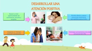 DESARROLLAR UNA
ATENCIÓN POSITIVA
Buscar y crear
oportunidades de
convivencia, escucha y
empatía.
Brindar aliento y apoyo
emocional claramente
perceptibles para el niño
Asegurar un “tiempo
especial” de atención
Participar activamente en la vida
emocional del niño
 