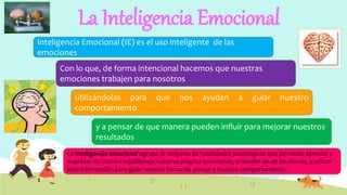 La Inteligencia Emocional
Inteligencia Emocional (IE) es el uso inteligente de las
emociones
Con lo que, de forma intencional hacemos que nuestras
emociones trabajen para nosotros
utilizándolas para que nos ayuden a guiar nuestro
comportamiento
y a pensar de que manera pueden influir para mejorar nuestros
resultados
La inteligencia emocional agrupa al conjunto de habilidades psicológicas que permiten apreciar y
expresar de manera equilibrada nuestras propias emociones, entender las de los demás, y utilizar
esta información para guiar nuestra forma de pensar y nuestro comportamiento.
 
