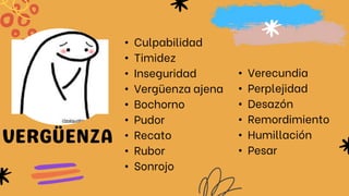 • Culpabilidad
• Timidez
• Inseguridad
• Vergüenza ajena
• Bochorno
• Pudor
• Recato
• Rubor
• Sonrojo
• Verecundia
• Perplejidad
• Desazón
• Remordimiento
• Humillación
• Pesar
 