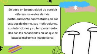 Se basa en la capacidad de percibir
diferencias en los demás,
particularmente contrastados en sus
estados de ánimo, sus motivaciones,
sus intenciones y su temperamento.
Dos son las capacidades en las que se
basa la inteligencia interpersonal:
 