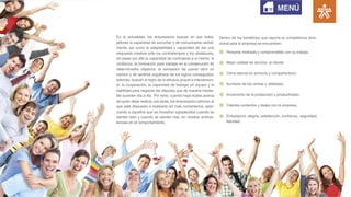 En la actualidad, los empresarios buscan en sus traba-
jadores la capacidad de escuchar y de comunicarse verbal-
mente, así como la adaptabilidad y capacidad de dar una
respuesta creativa ante los contratiempos y los obstáculos,
sin pasar por alto la capacidad de controlarse a sí mismo, la
confianza, la motivación para trabajar en la consecución de
determinados objetivos, la sensación de querer abrir un
camino y de sentirse orgullosos de los logros conseguidos;
además, buscan el logro de la eficacia grupal e interperson-
al, la cooperación, la capacidad de trabajar en equipo y la
habilidad para negociar las disputas que de manera inevita-
ble suceden día a día. Por tanto, cuando haya dudas acerca
de quién debe realizar una tarea, los empresarios admiran al
que está dispuesto a realizarla sin más comentarios, apre-
ciando a aquellos que se muestran agradecidos cuando se
sienten bien y cuando se sienten mal, sin mostrar ambiva-
lencias en el comportamiento.
Dentro de los beneficios que reporta la competencia emo-
cional para la empresa se encuentran:
Personal motivado y comprometido con su trabajo.
Mejor calidad de servicio al cliente.
Clima laboral en armonía y compañerismo.
Aumento de las ventas y utilidades.
Incremento de la producción y productividad.
Clientes contentos y leales con la empresa.
Entusiasmo, alegría, satisfacción, confianza, seguridad,
felicidad.
MENÚ
 