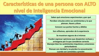 Saben qué emociones experimentan y por qué
Perciben vínculos entre sus sentimientos y lo que
piensan. Hacen y dicen
Conocen sus puntos fuertes y débiles
Son reflexivas, aprenden de la experiencia
Se muestran seguras de sí mismas
Pueden expresar opiniones que despierten rechazo y
arriesgarse por lo que consideran correcto
Manejan bien los sentimientos impulsivos y emociones
perturbadoras
Piensan con claridad y no pierden la concentración
cuando son sometidas a presión
 