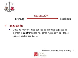 REGULACIÓN
Estímulo

Respuesta

 Regulación
•

Clase de mecanismos con los que somos capaces de
ejercer el control sobre nosotros mismos y, por tanto,
sobre nuestra conducta.

Emoción y conflicto. Josep Redorta y col.

 