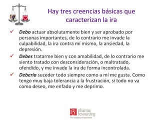 Hay tres creencias básicas que
caracterizan la ira
 Debo actuar absolutamente bien y ser aprobado por
personas importantes, de lo contrario me invade la
culpabilidad, la ira contra mí mismo, la ansiedad, la
depresión.
 Debes tratarme bien y con amabilidad, de lo contrario me
siento tratado con desconsideración, o maltratado,
ofendido, y me invade la ira de forma incontrolada.
 Debería suceder todo siempre como a mí me gusta. Como
tengo muy baja tolerancia a la frustración, si todo no va
como deseo, me enfado y me deprimo.

 