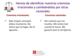 Hemos de identificar nuestras creencias
irracionales y cambiándolas por otras
racionales
Creencias irracionales
 Bajo ningún concepto
debes insultarme. No
tolero que lo hagas. No lo
aguanto.

Creencias racionales
 Me molesta que me
insultes. Me siento mal
cuando lo haces. Me
gustaría que lo corrigieras.

 