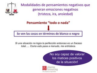 Modalidades de pensamientos negativos que
generan emociones negativas
(tristeza, ira, ansiedad)
Pensamiento “todo o nada”
Se ven las cosas en términos de blanco o negro
Si una situación no logra la perfección entonces es un fracaso
total….. Como esto pasa a menudo, me entristece.

No soy capaz de valorar
los matices positivos
de la situación!

 