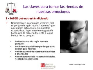Las claves para tomar las riendas de
nuestras emociones
2 - SABER qué nos están diciendo


Normalmente, cuando nos sentimos mal
es porque de algún modo “sabemos” que
no estamos actuando según nuestras
expectativas. Seguramente nos gustaría
hacer algo de manera diferente a lo que
hemos hecho porque:
•
•
•
•

No hemos actuado según nuestros
principios
Nos hemos dejado llevar por lo que otros
quieren para nosotros
No hemos atendido nuestras necesidades
o prioridades
No hemos tomado la responsabilidad (las
riendas) de nuestra vida
www.samarcajal.com

 