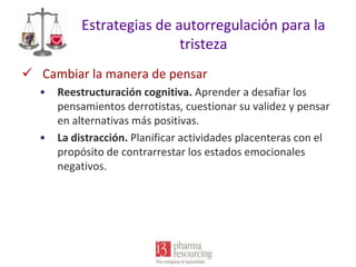 Estrategias de autorregulación para la
tristeza
 Cambiar la manera de pensar
•

•

Reestructuración cognitiva. Aprender a desafiar los
pensamientos derrotistas, cuestionar su validez y pensar
en alternativas más positivas.
La distracción. Planificar actividades placenteras con el
propósito de contrarrestar los estados emocionales
negativos.

 