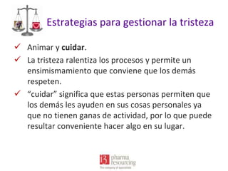 Estrategias para gestionar la tristeza
 Animar y cuidar.
 La tristeza ralentiza los procesos y permite un
ensimismamiento que conviene que los demás
respeten.
 “cuidar” significa que estas personas permiten que
los demás les ayuden en sus cosas personales ya
que no tienen ganas de actividad, por lo que puede
resultar conveniente hacer algo en su lugar.

 