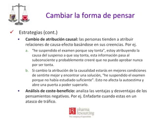 Cambiar la forma de pensar
 Estrategias (cont.)
•

Cambio de atribución causal: las personas tienden a atribuir
relaciones de causa-efecto basándose en sus creencias. Por ej.
a. “he suspendido el examen porque soy tonta”, estoy atribuyendo la
causa del suspenso a que soy tonta, esta información pasa al
subconsciente y probablemente creeré que no puedo aprobar nunca
por ser tonta.
b. Si cambio la atribución de la causalidad estarás en mejores condiciones
de sentirte mejor y encontrar una solución, “he suspendido el examen
porque no había estudiado suficiente”. Esto no afecta la autoestima y
abre una puerta a poder superarlo.

•

Análisis de coste-beneficio: analiza las ventajas y desventajas de los
pensamientos negativos. Por ej. Enfadarte cuando estas en un
atasco de tráfico.

 