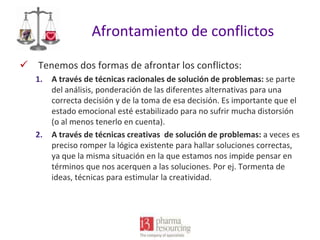 Afrontamiento de conflictos
 Tenemos dos formas de afrontar los conflictos:
1.

2.

A través de técnicas racionales de solución de problemas: se parte
del análisis, ponderación de las diferentes alternativas para una
correcta decisión y de la toma de esa decisión. Es importante que el
estado emocional esté estabilizado para no sufrir mucha distorsión
(o al menos tenerlo en cuenta).
A través de técnicas creativas de solución de problemas: a veces es
preciso romper la lógica existente para hallar soluciones correctas,
ya que la misma situación en la que estamos nos impide pensar en
términos que nos acerquen a las soluciones. Por ej. Tormenta de
ideas, técnicas para estimular la creatividad.

 