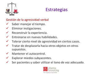 Estrategias
Gestión de la agresividad verbal
 Saber manejar el tiempo.
 Eliminar instigaciones.
 Reconstruir la experiencia.
 Entrenarse en nuevas habilidades.
 Tolerar cierto nivel de agresividad en ciertos casos.
 Tratar de desplazarla hacia otros objetos en otros
supuestos.
 Mantener el autocontrol.
 Explorar miedos subyacentes.
 Ser pacientes y saber utilizar el tono de voz adecuado.

 