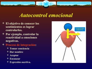 Autocontrol emocional
 El objetivo de conocer los
sentimientos es lograr
controlarlos.
 Por ejemplo, controlar la
reacti...