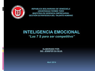 ELABORADO POR:
ING. JENNIFER DA SILVA
REPUBLICA BOLIVARIANA DE VENEZUELA
UNIVERSIDAD FERMIN TORO
MAESTRIA EN GERENCIA EMPRESARIAL
GESTIÓN ESTRATEGICA DEL TALENTO HUMANO
Abril 2014
 