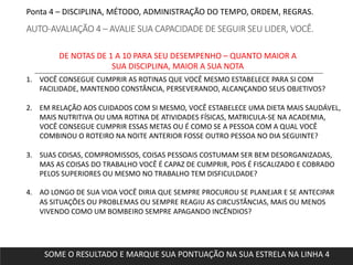 Ponta 4 – DISCIPLINA, MÉTODO, ADMINISTRAÇÃO DO TEMPO, ORDEM, REGRAS.
AUTO-AVALIAÇÃO 4 – AVALIE SUA CAPACIDADE DE SEGUIR SEU LIDER, VOCÊ.
1. VOCÊ CONSEGUE CUMPRIR AS ROTINAS QUE VOCÊ MESMO ESTABELECE PARA SI COM
FACILIDADE, MANTENDO CONSTÂNCIA, PERSEVERANDO, ALCANÇANDO SEUS OBJETIVOS?
2. EM RELAÇÃO AOS CUIDADOS COM SI MESMO, VOCÊ ESTABELECE UMA DIETA MAIS SAUDÁVEL,
MAIS NUTRITIVA OU UMA ROTINA DE ATIVIDADES FÍSICAS, MATRICULA-SE NA ACADEMIA,
VOCÊ CONSEGUE CUMPRIR ESSAS METAS OU É COMO SE A PESSOA COM A QUAL VOCÊ
COMBINOU O ROTEIRO NA NOITE ANTERIOR FOSSE OUTRO PESSOA NO DIA SEGUINTE?
3. SUAS COISAS, COMPROMISSOS, COISAS PESSOAIS COSTUMAM SER BEM DESORGANIZADAS,
MAS AS COISAS DO TRABALHO VOCÊ É CAPAZ DE CUMPRIR, POIS É FISCALIZADO E COBRADO
PELOS SUPERIORES OU MESMO NO TRABALHO TEM DISFICULDADE?
4. AO LONGO DE SUA VIDA VOCÊ DIRIA QUE SEMPRE PROCUROU SE PLANEJAR E SE ANTECIPAR
AS SITUAÇÕES OU PROBLEMAS OU SEMPRE REAGIU AS CIRCUSTÂNCIAS, MAIS OU MENOS
VIVENDO COMO UM BOMBEIRO SEMPRE APAGANDO INCÊNDIOS?
DE NOTAS DE 1 A 10 PARA SEU DESEMPENHO – QUANTO MAIOR A
SUA DISCIPLINA, MAIOR A SUA NOTA
SOME O RESULTADO E MARQUE SUA PONTUAÇÃO NA SUA ESTRELA NA LINHA 4
 