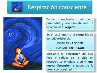 Tomar conciencia del acto
primordial y continuo de nuestra
vida que es el respirar.
Respiración consciente
En él está inscrito el ritmo básico
de toda existencia:
INSPIRAR - ACOGER
ESPIRAR - ENTREGAR
Mediante la percepción de este
flujo y reflujo de la vida en
nosotros se empieza a abrir una
nueva dimensión a través de la
propia corporeidad.
 
