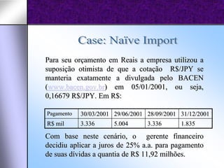 Para seu orçamento em Reais a empresa utilizou a
suposição otimista de que a cotação R$/JPY se
manteria exatamente a divulgada pelo BACEN
(www.bacen.gov.br) em 05/01/2001, ou seja,
0,16679 R$/JPY. Em R$:

Pagamento   30/03/2001 29/06/2001 28/09/2001 31/12/2001
R$ mil      3.336      5.004      3.336      1.835

Com base neste cenário, o gerente financeiro
decidiu aplicar a juros de 25% a.a. para pagamento
de suas dívidas a quantia de R$ 11,92 milhões.
 