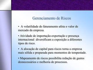 • A volatilidade do faturamento afeta o valor de
mercado da empresa.
• Atividade de importação-exportação e presença
internacional diversificam a exposição a diferentes
tipos de risco.
• A alocação de capital para riscos torna a empresa
mais sólida e preparada para momentos de tempestade.
• Mapeamento de riscos possibilita redução de gastos
desnecessários e melhoria de processos.
 