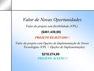 Valor de Novas Oportunidades
       Valor do projeto sem flexibilidade (VPL):
                   ($461.439,00)
              PROJETO REJEITADO !
Valor do projeto com Opções de Implementação de Novas
      Tecnologias (VPL + Opções de Implementação):

                  $218.274,69
                PROJETO ACEITO !!
 