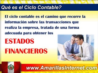 El ciclo contable es el camino que recorre la información sobre las transacciones que realiza la empresa, tratada de una forma adecuada para obtener los  ESTADOS FINANCIEROS 