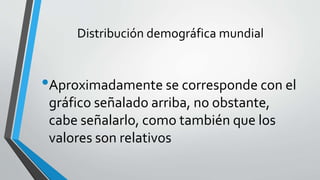Distribución demográfica mundial
•Aproximadamente se corresponde con el
gráfico señalado arriba, no obstante,
cabe señalarlo, como también que los
valores son relativos
 