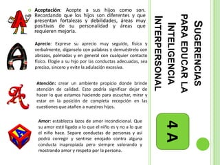    Aceptación: Acepte a sus hijos como son.
    Recordando que los hijos son diferentes y que




                                                                                 PARA EDUCAR LA
                                                                INTERPERSONAL
    presentan fortalezas y debilidades, áreas muy




                                                                                  SUGERENCIAS
                                                                  INTELIGENCIA
    positivas de su personalidad y áreas que
    requieren mejoría.

    Aprecio: Exprese su aprecio muy seguido, física y
    verbalmente, díganselo con palabras y demuéstrelo con
    abrazos, palmadas y en general con cualquier contacto
    físico. Elogie a su hijo por las conductas adecuadas, sea
    preciso, sincero y evite la adulación excesiva.


    Atención: crear un ambiente propicio donde brinde
    atención de calidad. Esto podría significar dejar de
    hacer lo que estamos haciendo para escuchar, mirar y
    estar en la posición de completa recepción en las
    cuestiones que atañen a nuestros hijos.

     Amor: establezca lazos de amor incondicional. Que




                                                                      4A
     su amor esté ligado a lo que el niño es y no a lo que
     el niño hace. Separe conductas de personas y así
     podrá corregir y sentirse enojado contra alguna
     conducta inapropiada pero siempre valorando y
     mostrando amor y respeto por la persona.
 