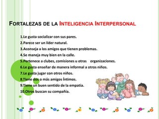 FORTALEZAS DE LA INTELIGENCIA INTERPERSONAL

   1.Le gusta socializar con sus pares.
   2.Parece ser un líder natural.
   3.Aconseja a los amigos que tienen problemas.
   4.Se maneja muy bien en la calle.
   5.Pertenece a clubes, comisiones u otras organizaciones.
   6.Le gusta enseñar de manera informal a otros niños.
   7.Le gusta jugar con otros niños.
   8.Tiene dos o más amigos Íntimos.
   9.Tiene un buen sentido de la empatía.
   10.Otros buscan su compañía.
 