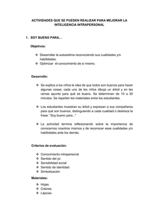 ACTIVIDADES QUE SE PUEDEN REALIZAR PARA MEJORAR LA 
INTELIGENCIA INTRAPERSONAL 
1. SOY BUENO PARA… 
Objetivos: 
 Desarrollar la autoestima reconociendo sus cualidades y/o 
habilidades. 
 Optimizar el conocimiento de sí mismo. 
Desarrollo: 
 Se explica a los niños la idea de que todos son buenos para hacer 
algunas cosas; cada uno de los niños dibuja un árbol y en las 
ramas apunta para qué es bueno. Se determinan de 10 a 20 
minutos. Se reparten los materiales entre los estudiantes. 
 Los estudiantes muestran su árbol y expresan a sus compañeros 
para qué son buenos, distinguiendo a cada cualidad o destreza la 
frase: “Soy bueno para...” 
 La actividad termina reflexionando sobre la importancia de 
conocernos nosotros mismos y de reconocer esas cualidades y/o 
habilidades ante los demás. 
Criterios de evaluación: 
 Conocimiento intrapersonal 
 Sentido del yo 
 Sensibilidad social 
 Sentido de identidad 
 Simbolización 
Materiales: 
 Hojas 
 Colores 
 Lápices 
 