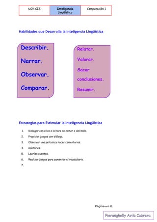  
UCV-CIS Inteligencia
Lingüística
Computación 1
 
Habilidades que Desarrolla la Inteligencia Lingüística
Estrategias para Estimular la Inteligencia Lingüística
1. Dialogar con ellos a la hora de comer o del baño.
2. Propiciar juegos con diálogo.
3. Observar una película y hacer comentarios.
4. Cantarles.
5. Leerles cuentos.
6. Realizar juegos para aumentar el vocabulario.
7.
Página­­­­> 6 
 