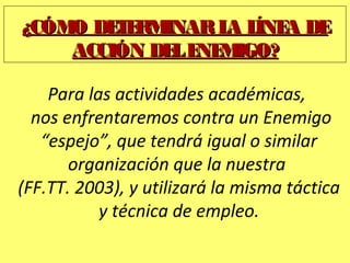 Para las actividades académicas,
nos enfrentaremos contra un Enemigo
“espejo”, que tendrá igual o similar
organización que la nuestra
(FF.TT. 2003), y utilizará la misma táctica
y técnica de empleo.
¿CÓMO DETERMINARLA LÍNEA DE¿CÓMO DETERMINARLA LÍNEA DE
ACCIÓN DELENEMIGO?ACCIÓN DELENEMIGO?
 