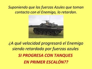 Suponiendo que las fuerzas Azules que toman
contacto con el Enemigo, lo retardan.
¿A qué velocidad progresará el Enemigo
siendo retardado por fuerzas azules
SI PROGRESA CON TANQUES
EN PRIMER ESCALÓN??
 