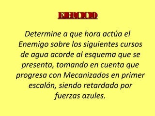 EJERCICIOEJERCICIO
Determine a que hora actúa el
Enemigo sobre los siguientes cursos
de agua acorde al esquema que se
presenta, tomando en cuenta que
progresa con Mecanizados en primer
escalón, siendo retardado por
fuerzas azules.
 