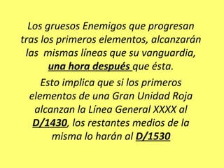 Los gruesos Enemigos que progresan
tras los primeros elementos, alcanzarán
las mismas líneas que su vanguardia,
una hora después que ésta.
Esto implica que si los primeros
elementos de una Gran Unidad Roja
alcanzan la Línea General XXXX al
D/1430, los restantes medios de la
misma lo harán al D/1530
 