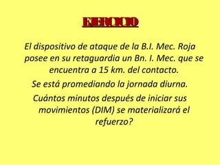EJERCICIOEJERCICIO
El dispositivo de ataque de la B.I. Mec. Roja
posee en su retaguardia un Bn. I. Mec. que se
encuentra a 15 km. del contacto.
Se está promediando la jornada diurna.
Cuántos minutos después de iniciar sus
movimientos (DIM) se materializará el
refuerzo?
 