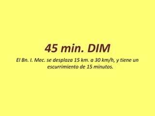 45 min. DIM
El Bn. I. Mec. se desplaza 15 km. a 30 km/h, y tiene un
escurrimiento de 15 minutos.
 