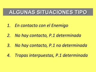 ALGUNAS SITUACIONES TIPOALGUNAS SITUACIONES TIPO
1. En contacto con el Enemigo
2. No hay contacto, P.1 determinada
3. No hay contacto, P.1 no determinada
4. Tropas interpuestas, P.1 determinada
 