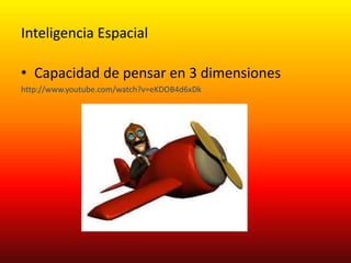 Inteligencia EspacialCapacidad de pensar en 3 dimensioneshttp://www.youtube.com/watch?v=eKDOB4d6xDk
