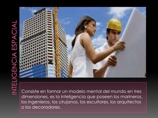 Consiste en formar un modelo mental del mundo en tres
dimensiones, es la inteligencia que poseen los marineros,
los ingenieros, los cirujanos, los escultores, los arquitectos
o los decoradores.
 