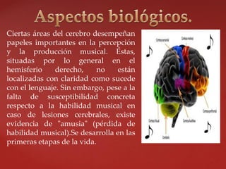 Ciertas áreas del cerebro desempeñan
papeles importantes en la percepción
y la producción musical. Éstas,
situadas por lo general en el
hemisferio derecho, no están
localizadas con claridad como sucede
con el lenguaje. Sin embargo, pese a la
falta de susceptibilidad concreta
respecto a la habilidad musical en
caso de lesiones cerebrales, existe
evidencia de "amusia" (pérdida de
habilidad musical).Se desarrolla en las
primeras etapas de la vida.
 