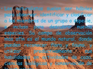 Los naturalistas suelen ser hábiles para observar, identificar y clasificar a los miembros de un grupo o especie, e incluso para descubrir nuevas especies. Su campo de observación más afín es el mundo natural, donde pueden reconocer flora y fauna, y utilizar productivamente sus habilidades en actividades de caza, ciencias biológicas y conservación de la naturaleza  