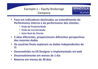 Exemplo 1 – Equity Brokerage
                   Company

• Foco em indicadores destinados ao entendimento da
  Performance Interna e da performance dos clientes:
      • Visão de Produtividade
      • Visão de Lucratividade
      • Valor Real do Cliente
• 5 abas diferentes, proporcionam diferentes perspectivas
  dos mesmos dados
• Os usuários finais exploram os dados independentes de
  TI
• Desenvolvida no EX Designer e implementada via web
• Desenvolvimento em menos de 1 dia
• Retorno em menos de 30 dias
 