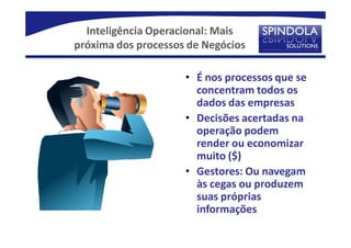 Inteligência Operacional: Mais
próxima dos processos de Negócios

                     • É nos processos que se
                       concentram todos os
                       dados das empresas
                     • Decisões acertadas na
                       operação podem
                       render ou economizar
                       muito ($)
                     • Gestores: Ou navegam
                       às cegas ou produzem
                       suas próprias
                       informações
 
